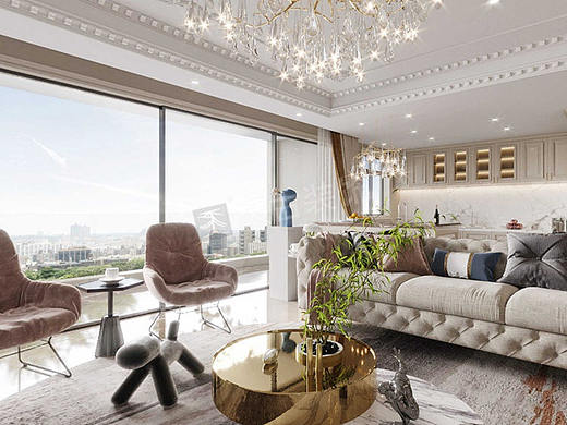 重庆壹号半岛大平层装修方案,简约法式轻奢设计效果图