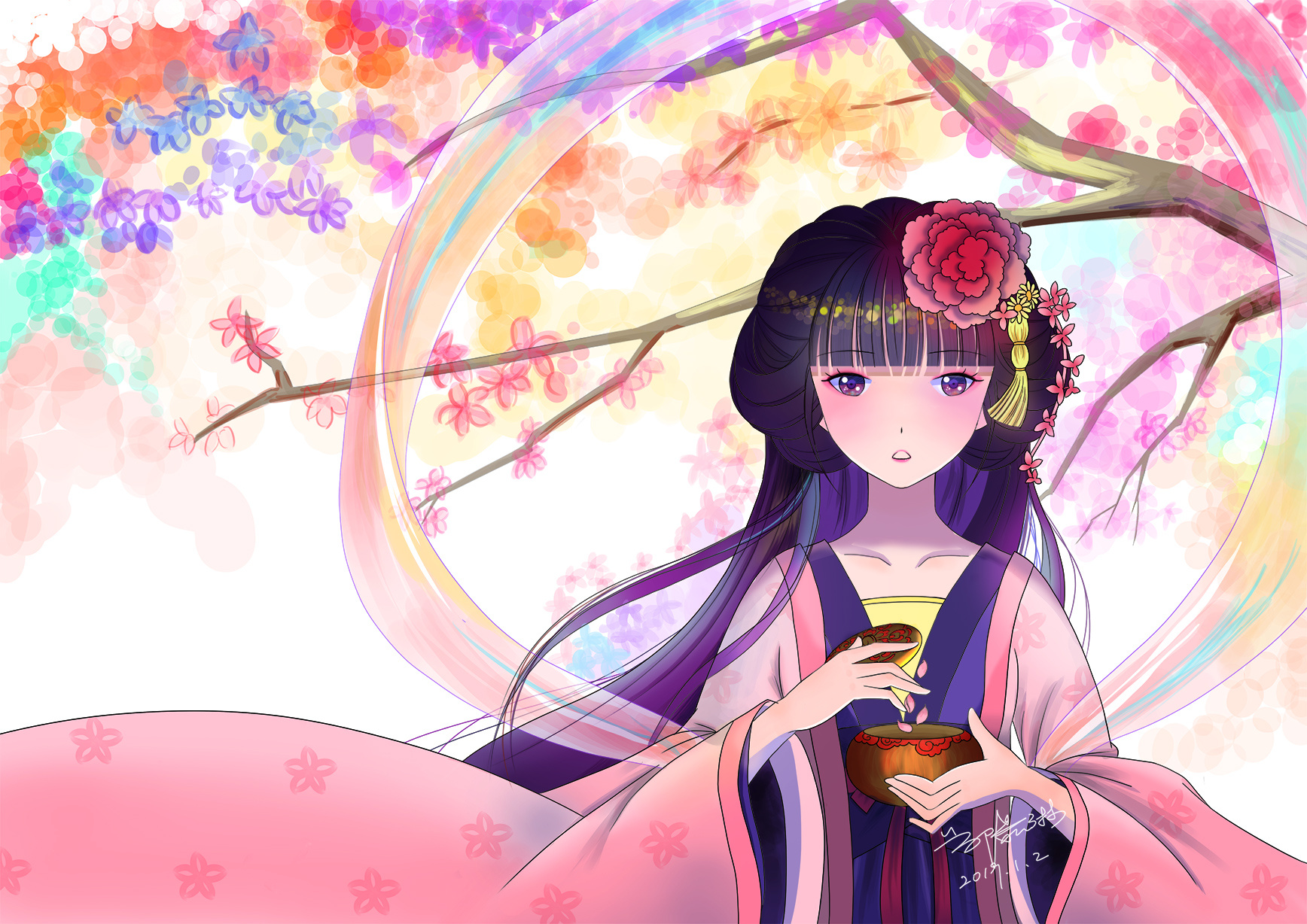 桃花树下的少女