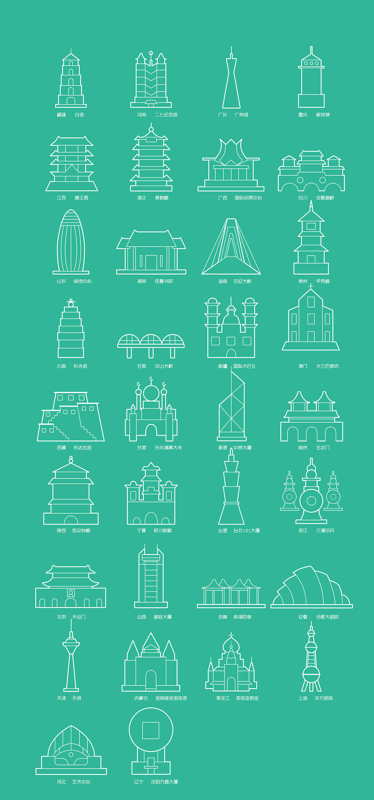 省会地标建筑线性UI图标合集（图ZNTA4NTg2NTY=） - 图标 - 站酷设计师榴莲炒大肠原创素材 - 站酷ZCOOL