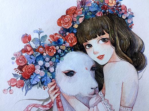 水彩插画 花卉 女孩
