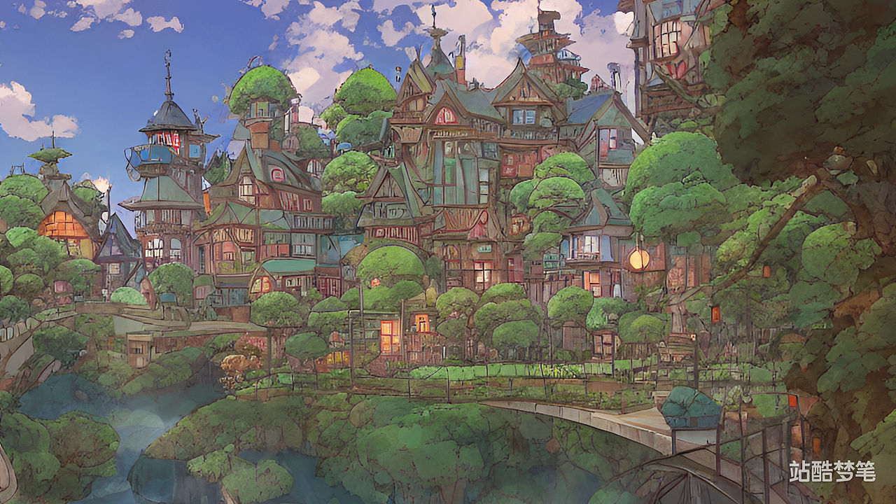 #站酷梦笔#建筑场景,仙境,8K,彩色的,吉卜力