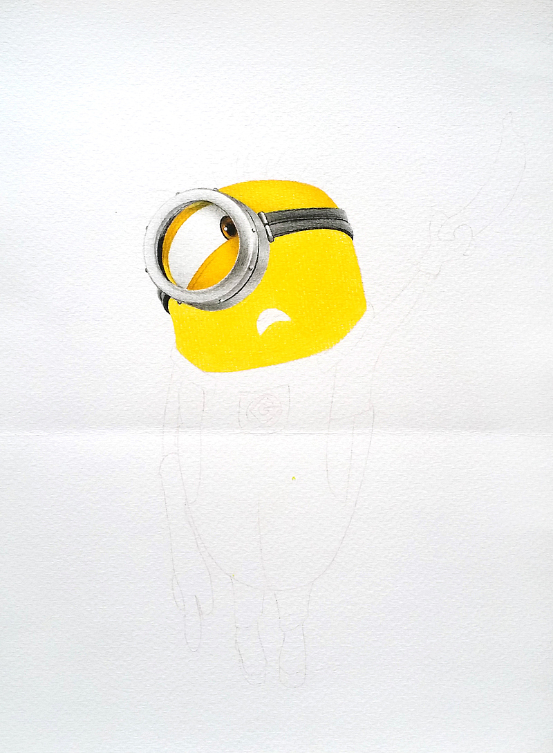 面部颜色,先用柠檬黄均匀地铺一层底色,由于用得是粗纹纸,上色的时候可以顺着纸的纹路铺色,然后表面再涂一层,这样就可以达到无噪点效果。