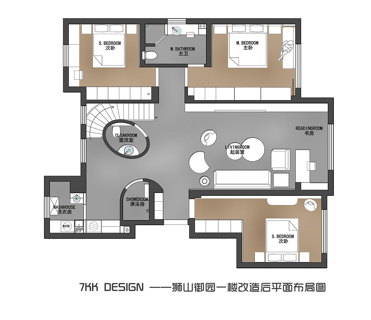 一楼改造后平面布局图
1、设计师突破传统的设计思路，将餐厨改造到阁楼，原始的次卫餐厨空间重新布局，使得整体户型方正通透。<br>2、人口比较多，次卫打掉重新打造分离式设计与阁楼挑空处理。<br>3、原始餐厨改到阁楼现在设计为洗衣房和淋浴区。<br>4、楼梯台阶悬空设计靠窗弧形环绕，在客厅公共空间上从视觉上减弱楼梯笨重的存在。<br>5、主卫借助部分次卧面积扩大空间容纳更多的收纳功能。