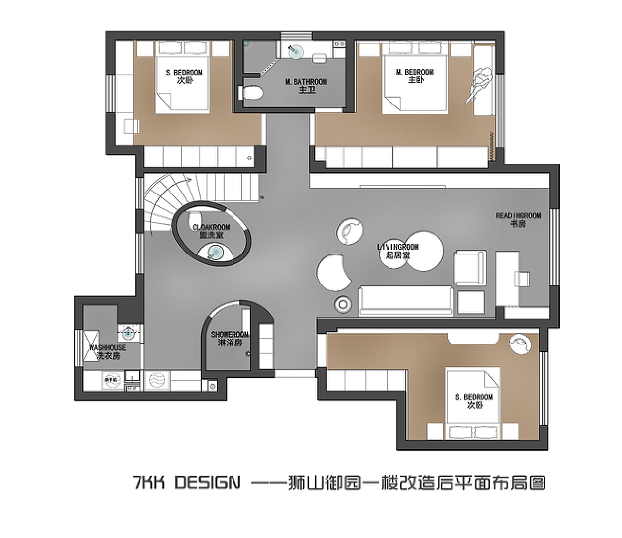 一楼改造后平面布局图<br>1、设计师突破传统的设计思路,将餐厨改造到阁楼,原始的次卫餐厨空间重新布局,使得整体户型方正通透。<br>2、人口比较多,次卫打掉重新打造分离式设计与阁楼挑空处理。<br>3、原始餐厨改到阁楼现在设计为洗衣房和淋浴区。<br>4、楼梯台阶悬空设计靠窗弧形环绕,在客厅公共空间上从视觉上减弱楼梯笨重的存在。<br>5、主卫借助部分次卧面积扩大空间容纳更多的收纳功能。