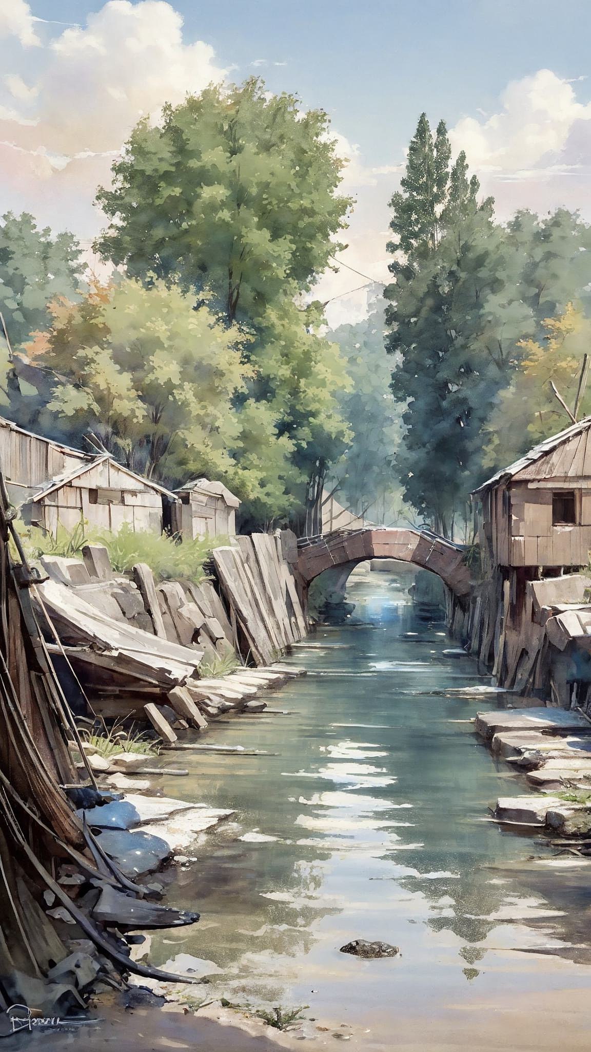 AI原创设计 古村落水彩风格