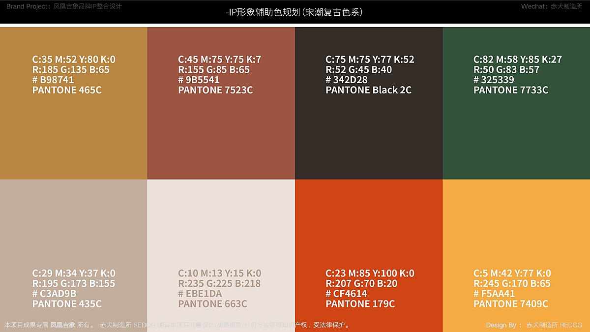 辅助色系中整理了《宋朝复古色系》,这种色系提取于传统文物和古画,纯度高但饱和度低,是比较舒适的色彩体系;