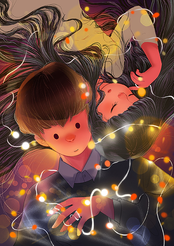 画灯线。用霓虹灯笔刷流畅的画出灯线，它自带外发光效果，在男孩的身上轻轻画出灯光交错的光影。