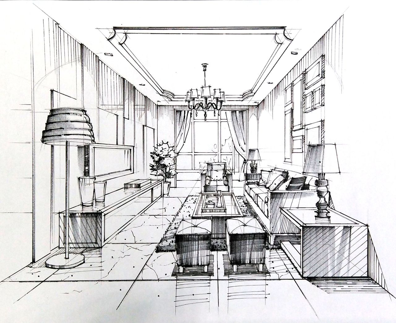 客厅空间一点透视黑白效果绘制步骤图。|空间|室内设计|一叶手绘 - 原创作品 - 站酷 (ZCOOL)