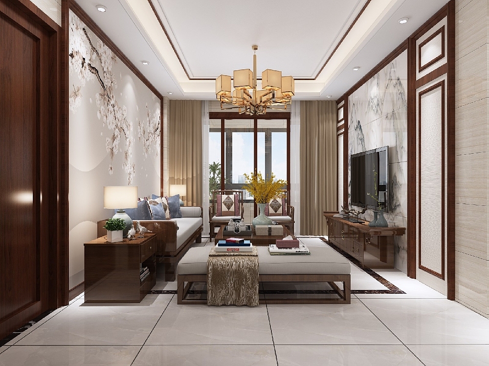 电视背景跟沙发背景呼应,禅意大气