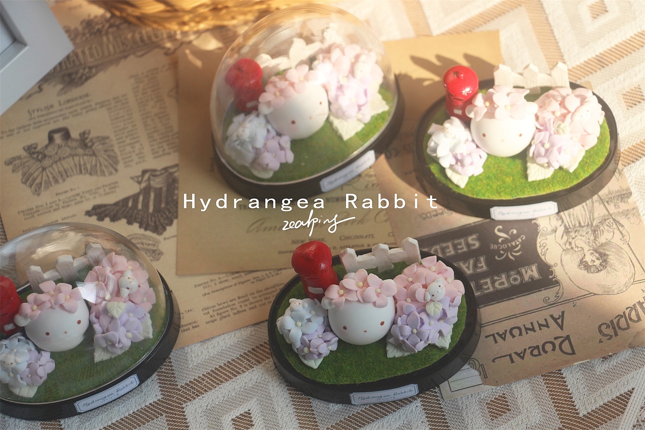 原创手作 紫阳花绣球花兔粘土摆件