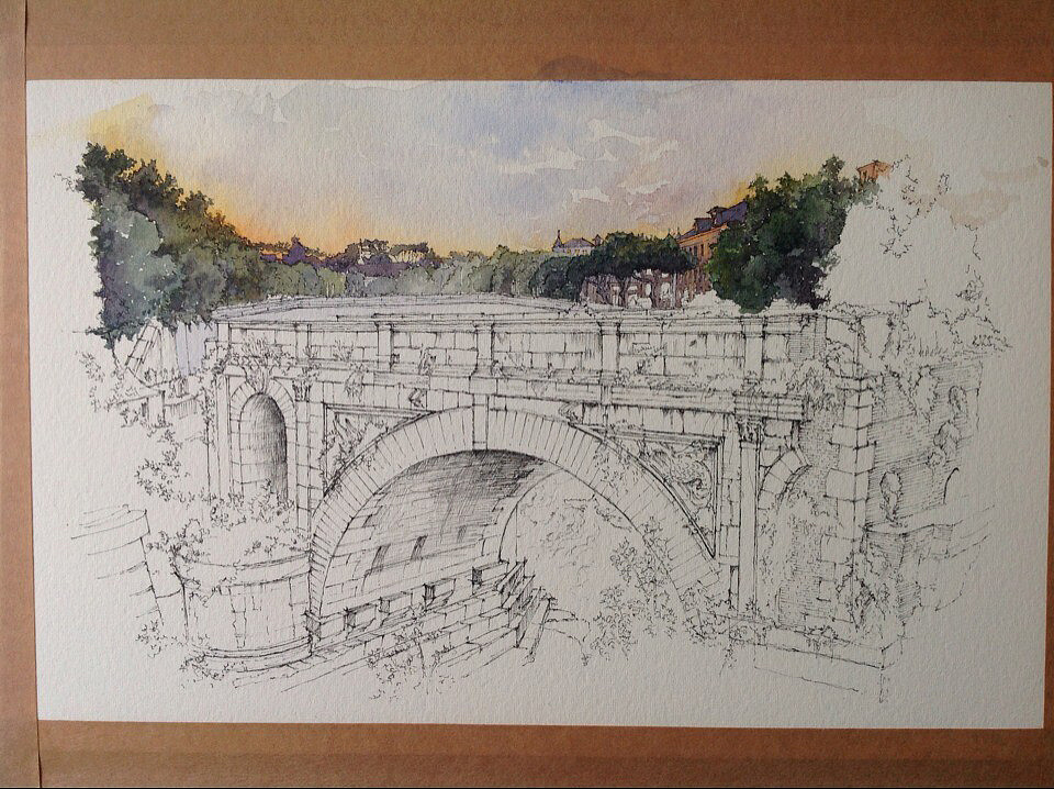 建筑水彩手绘—桥(过程)