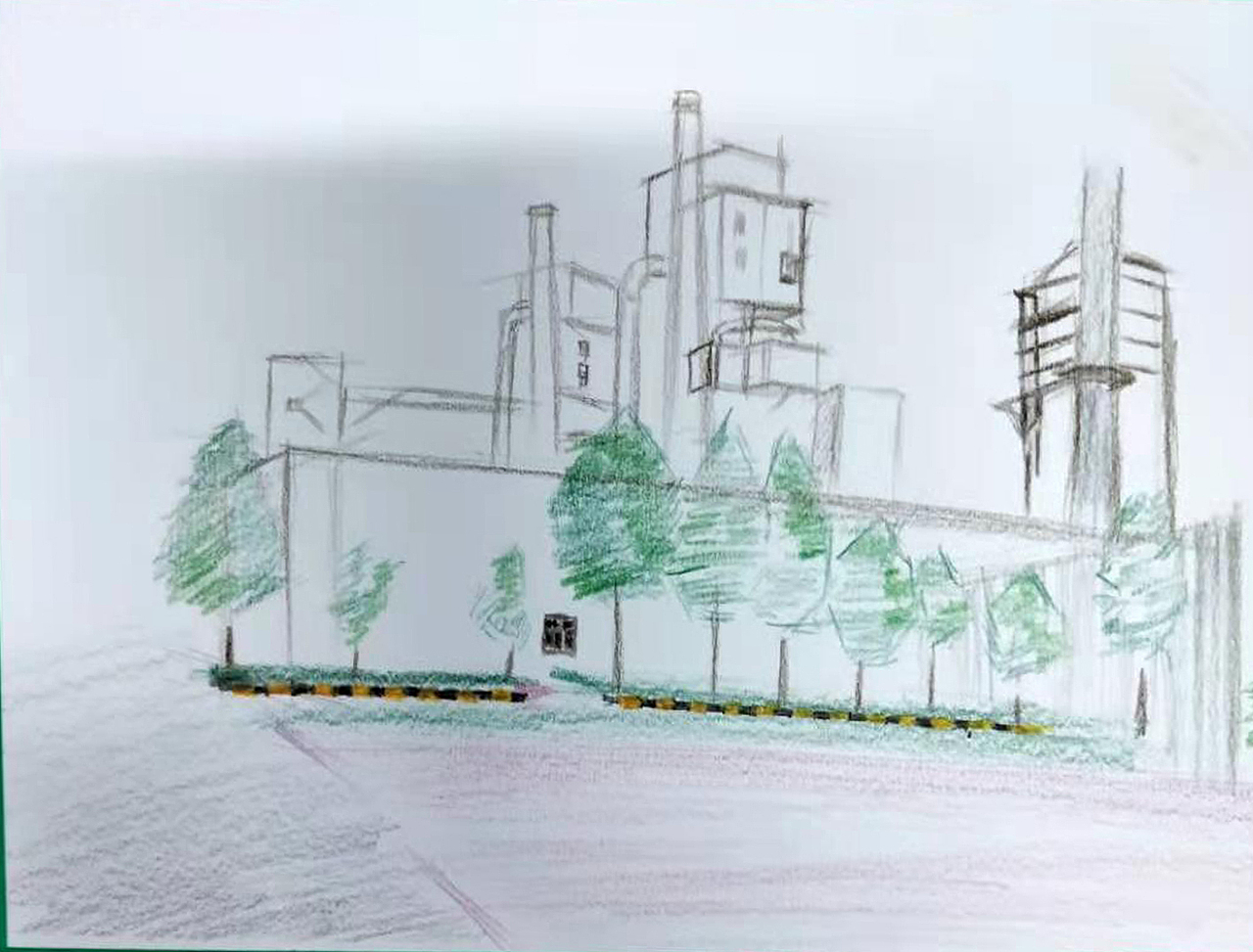 厂区一角，彩铅小画