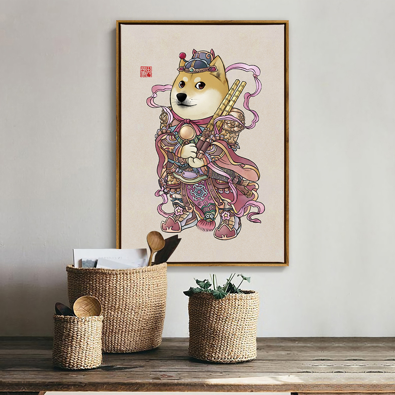 风俗年画之狗狗门神黑的是阿拉斯加黄的是柴犬