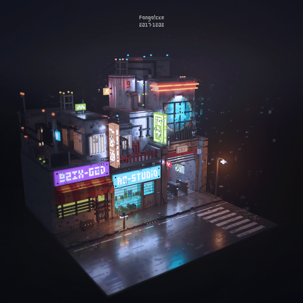 《在雨中 - 寄电街》GIF动画 [MagicaVoxel]（图ZOTg3MzA5MTY=） - 动画/影视 - 站酷设计师fongocer原创素材 - 站酷ZCOOL