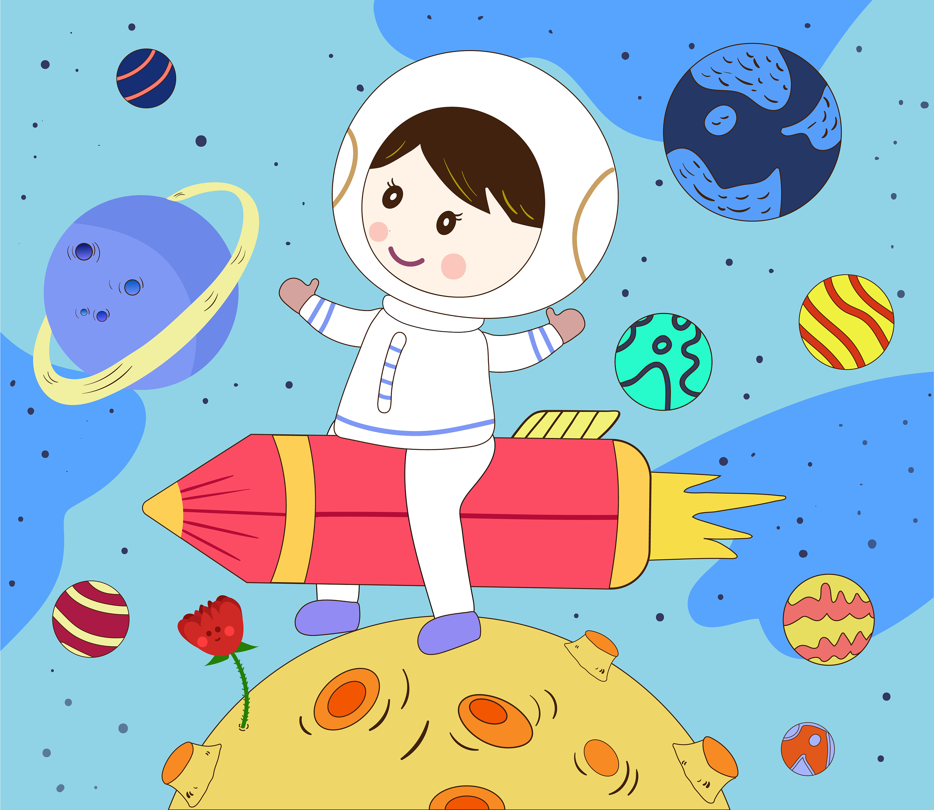 治愈系宇航员太空星球梦幻卡通插画图片-千库网