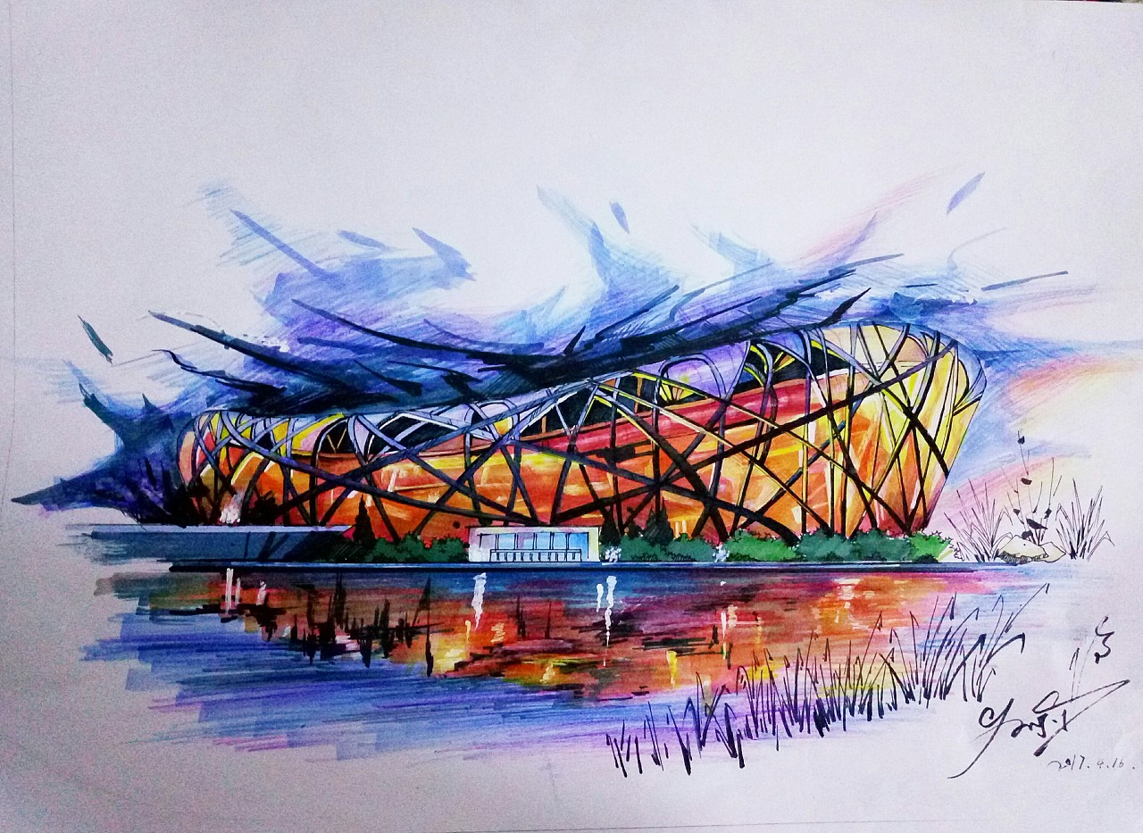 北京奥运会鸟巢绘画图片