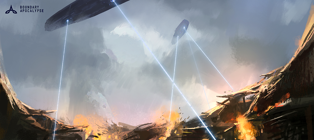 《边际启示录-星降》：“那些蓝色的飞鸟，向竞技场内投下无数颗炸弹，还有垂直而下的光束，让浸没在强光内无辜的人们顷刻间灰飞烟灭。”
