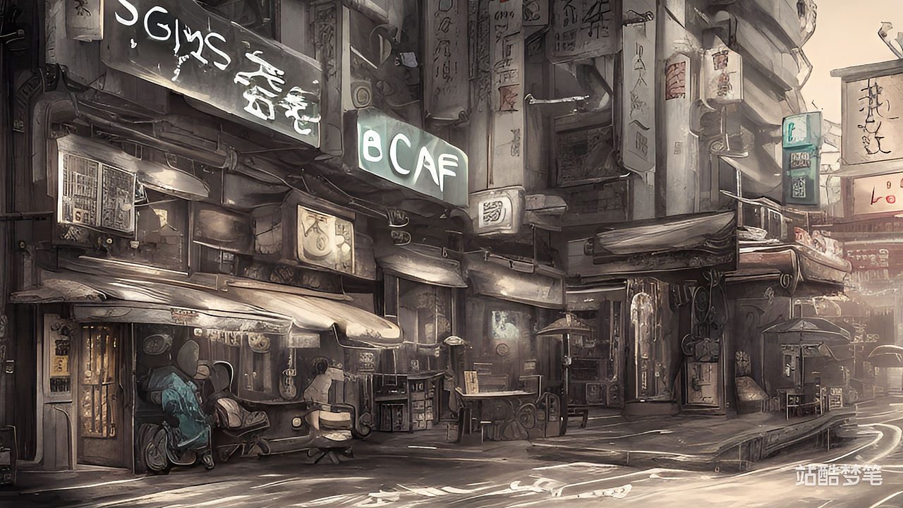 #站酷梦笔#招牌:有求必应咖啡馆,赛博朋克,国画