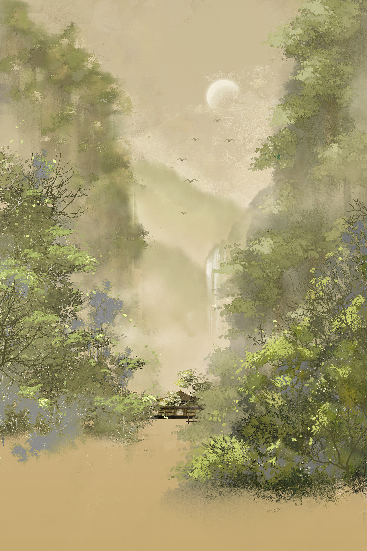 烟络横林,山沈远照,迤逦黄昏钟鼓