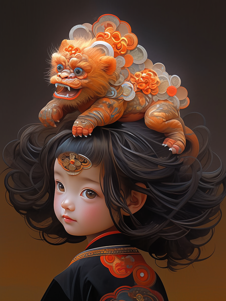 AI绘画 国风舞狮女孩