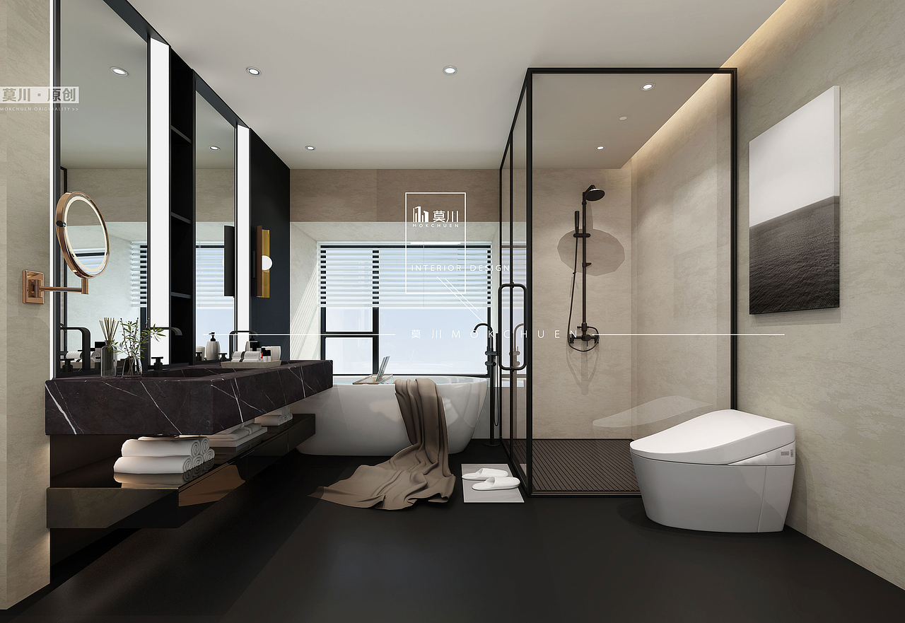 主卧套卫采用米金色搭配哑光黑色,简约不简单、轻奢有内涵,符合年轻夫妻的极致品味,同时保证空间整体调性的统一。