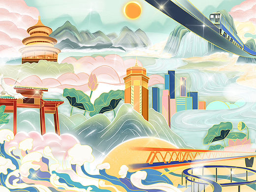 国潮风高铁主题类城市插画