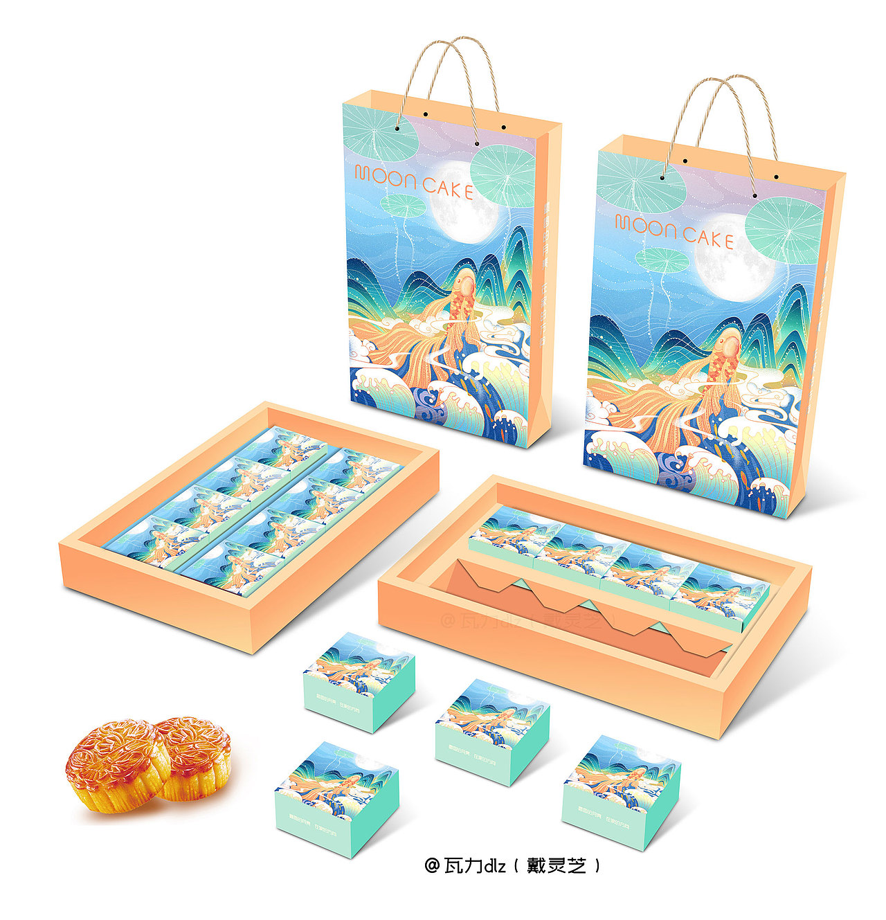 中秋月饼礼盒包装插画：国潮之月是故乡圆