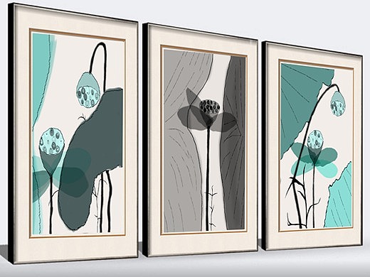 中式手绘水墨荷花极简无框画装饰画三联画