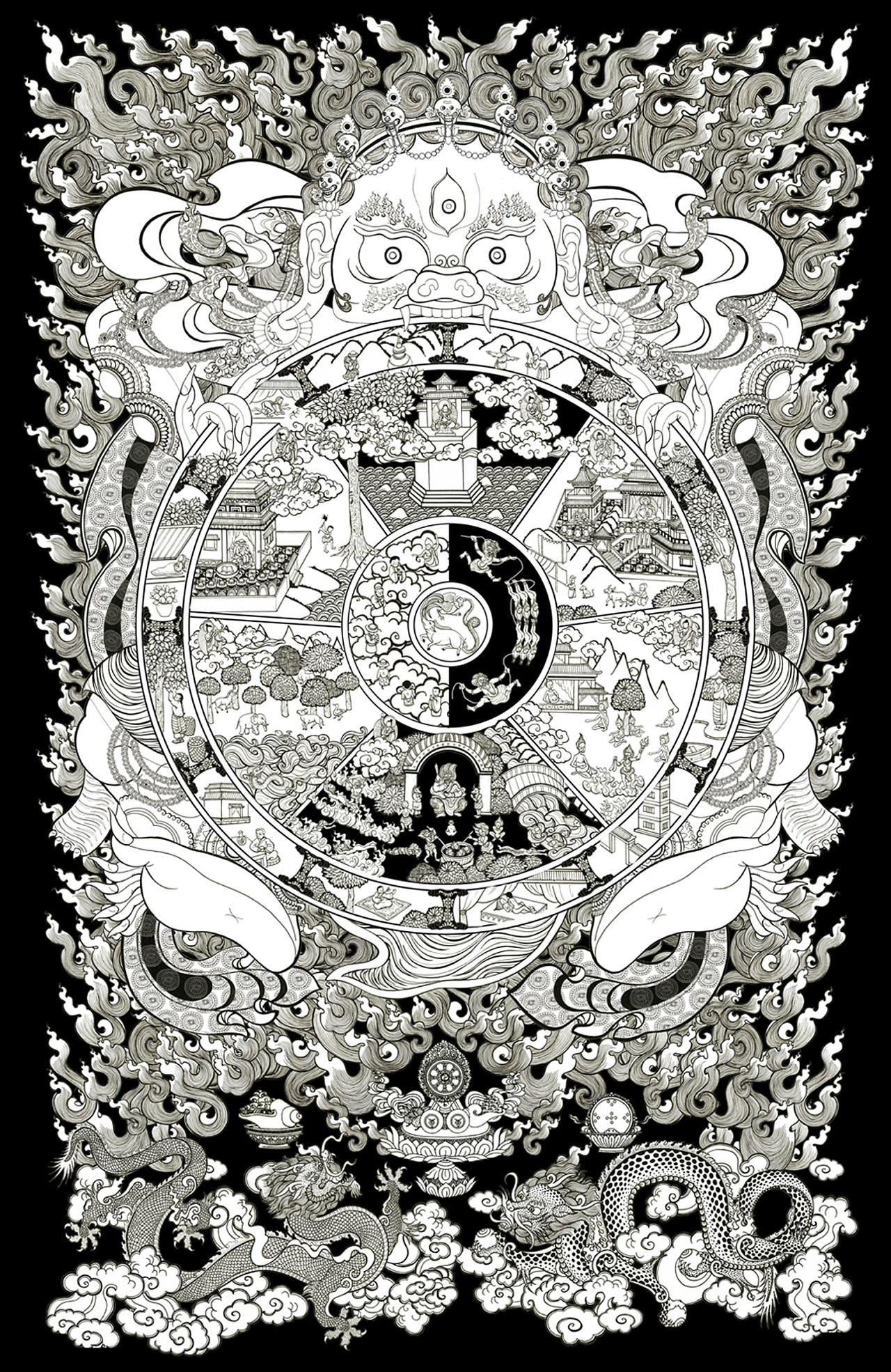 藏传佛教生死轮,描述了佛法里的三毒,六道轮回及十二因缘.