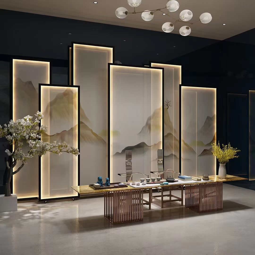 新中式茶室背景屏风应用隔断方案（图ZMjgzNTIwMTQ4） - 酒店餐饮设计 - 站酷设计师shunlong2018原创素材 - 站酷ZCOOL