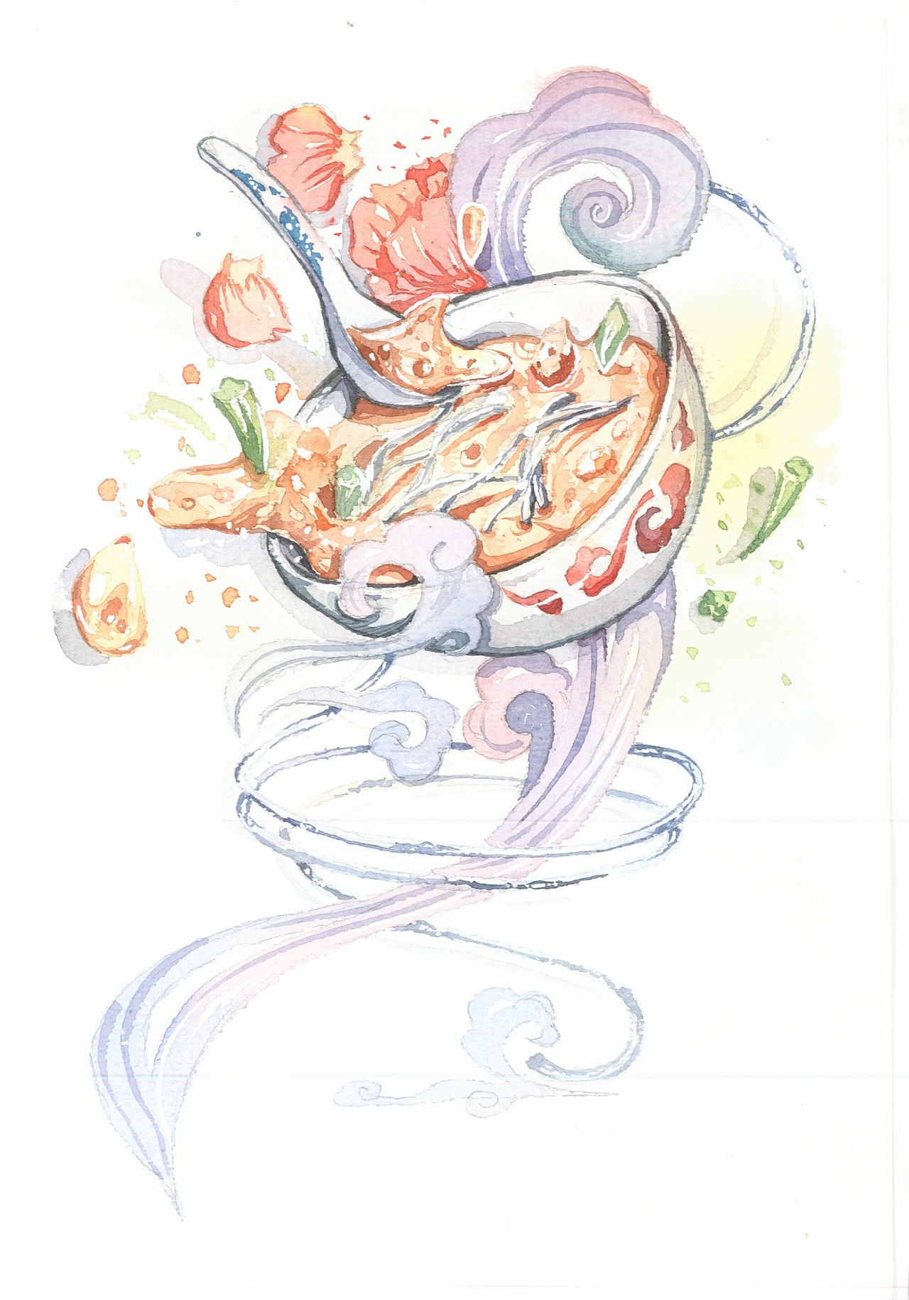 水彩手绘原创济南美食和风插画一起享受济南美味的小吃吧