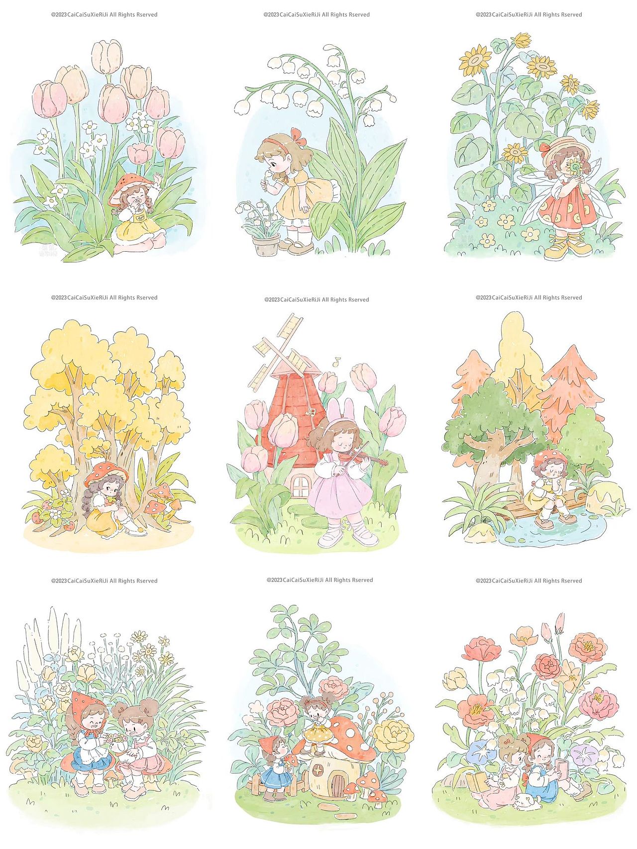 iPad淡彩小场景插画/植物少女（图ZMzI3NTM4MTky） - 儿童插画 - 站酷设计师菜菜速写原创素材 - 站酷ZCOOL
