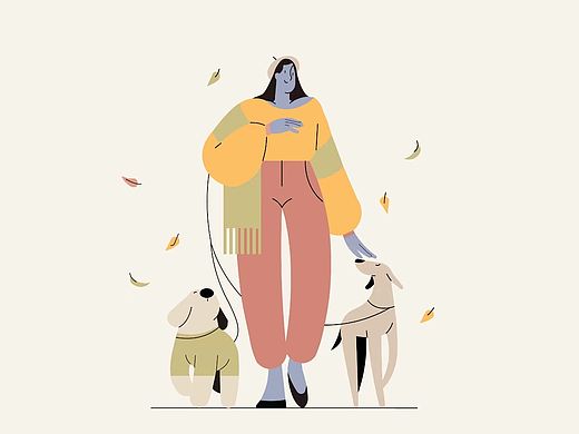 插画训练：贝雷帽女人遛狗 叶子落下