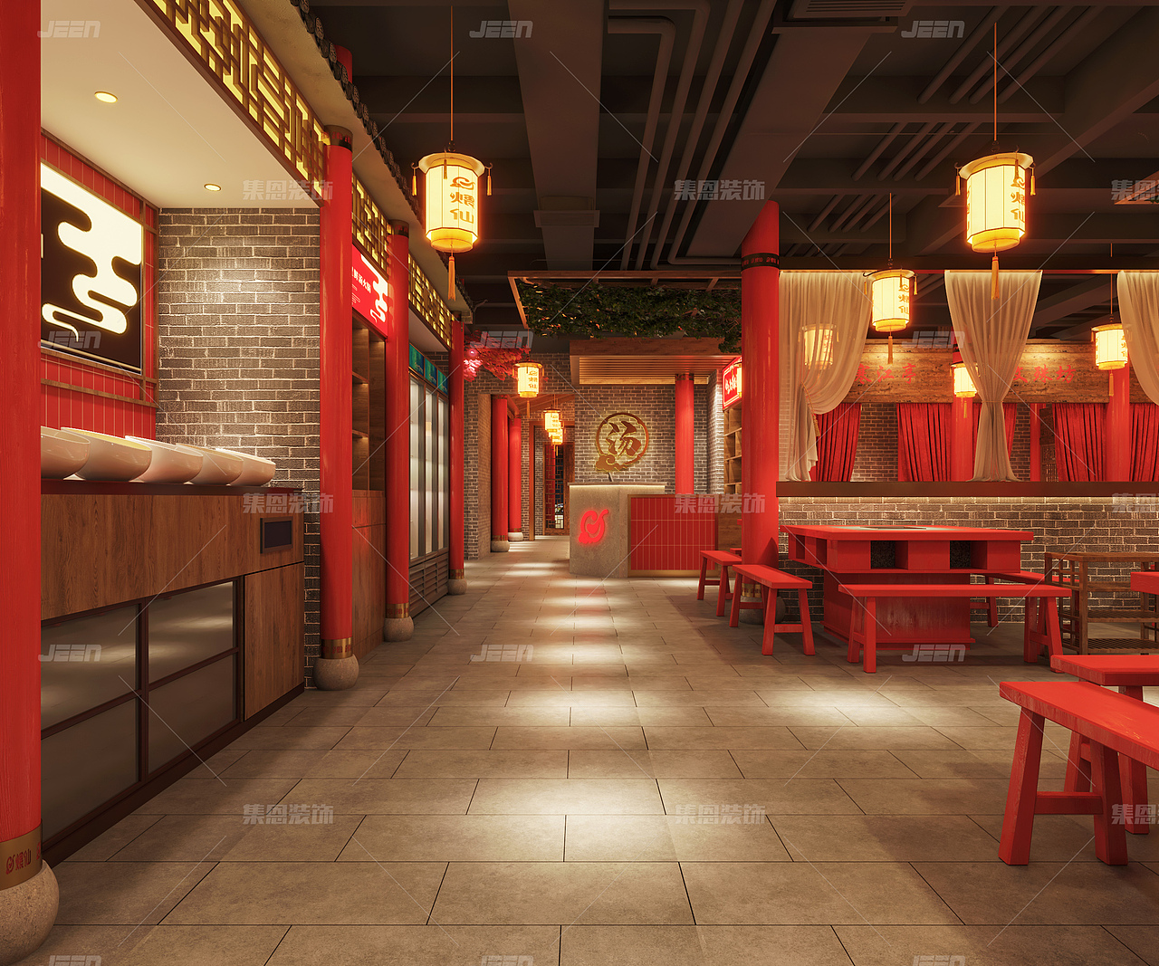 煨仙鲜汤火锅安康店_火锅店设计效果图_集恩餐饮设计