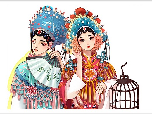 手绘戏曲花旦元素唯美中国风插画京剧人像