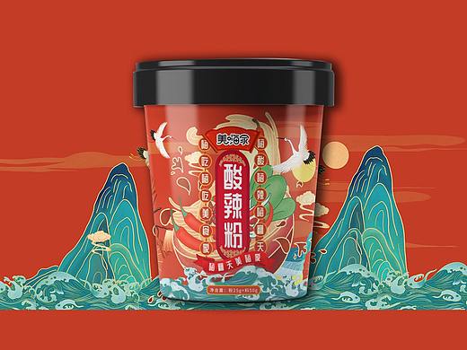 红色国潮仙鹤山水插画包装设计  酸辣粉包装