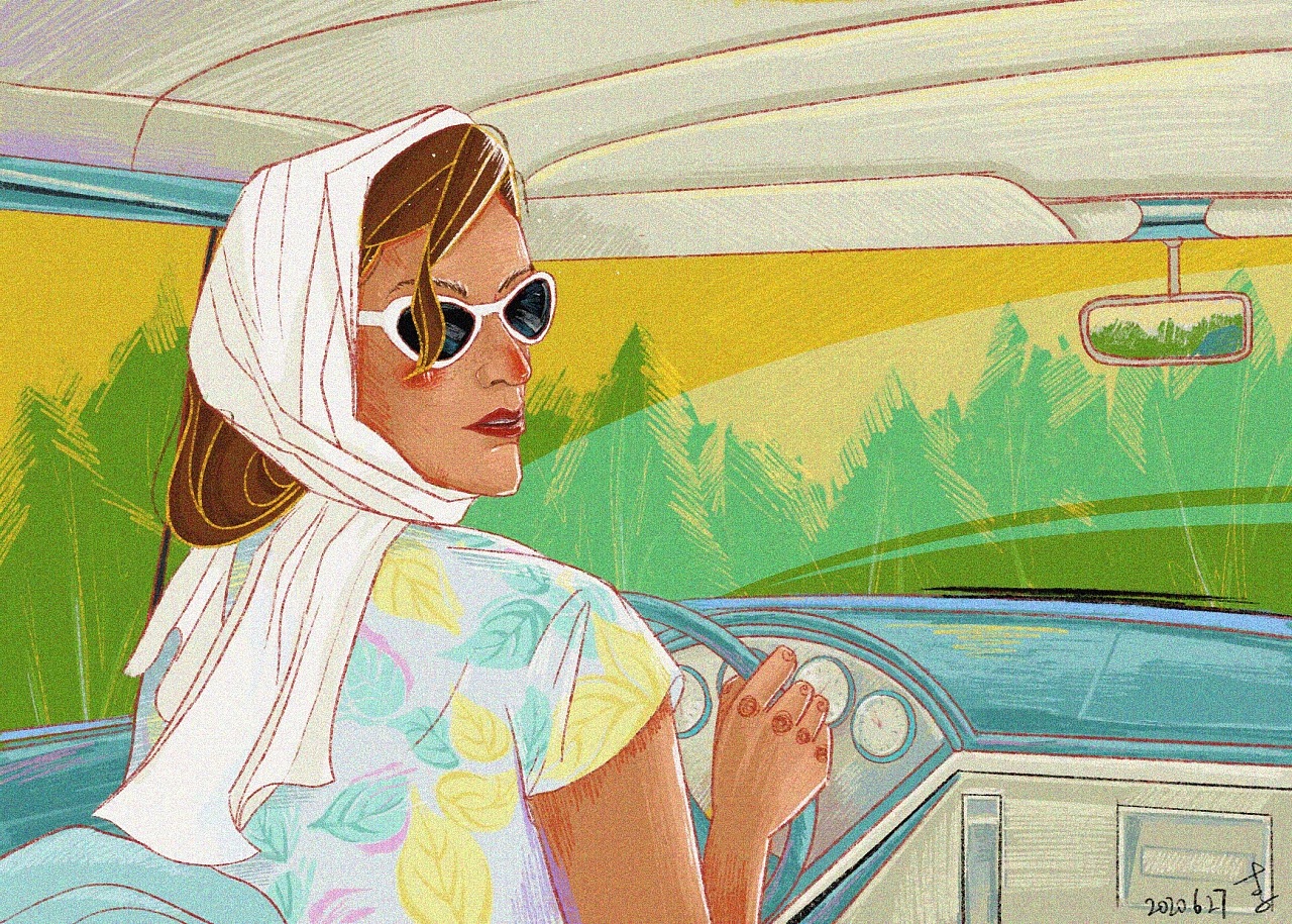 复古插画 开车女人