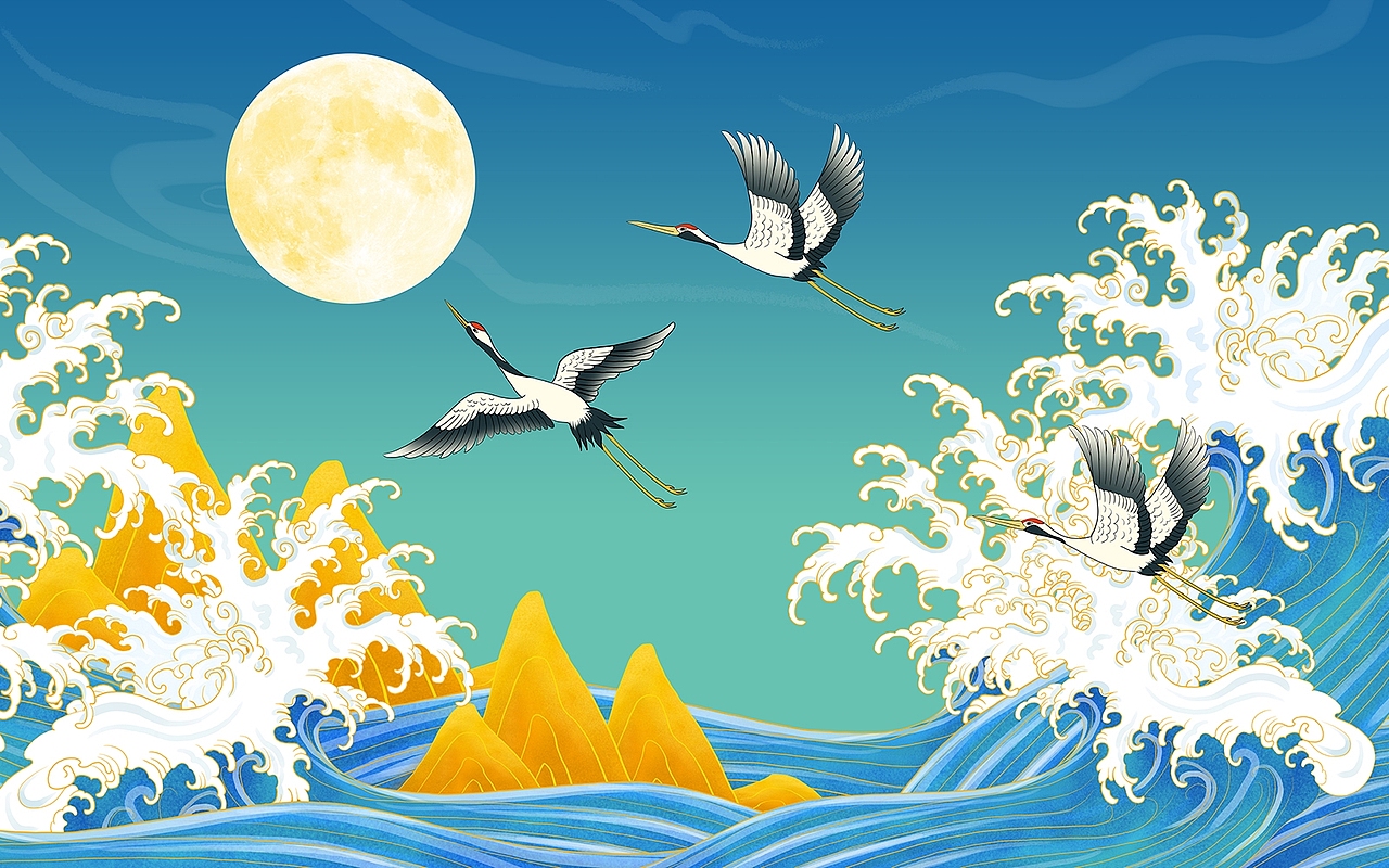 国风仙鹤图手绘插画