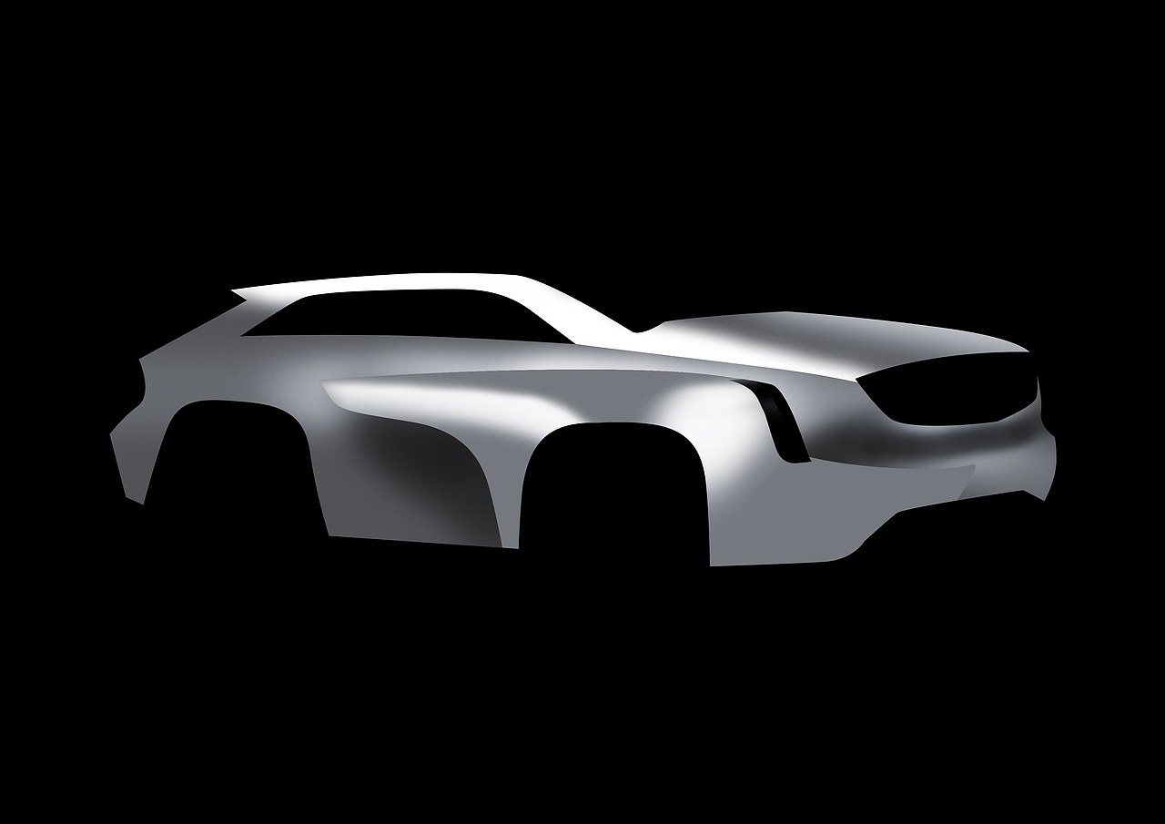 第三步：如图所示：同样根据车身大体形态变化绘制相关路径，把相关路径变换成选区之后，利用减淡工具，把身上大面受光部分提亮，注意：大面光影提亮时，笔触尽量调大，可根据具体型面大小，调相关大小笔触，不然做不到柔和过度。