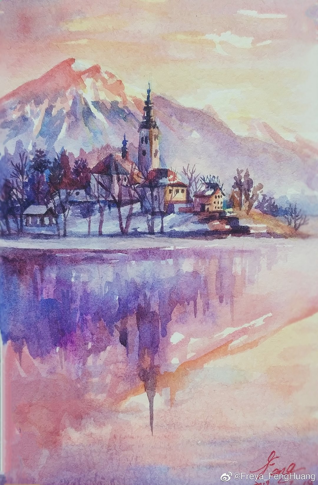 水彩手绘风景 少女心色系