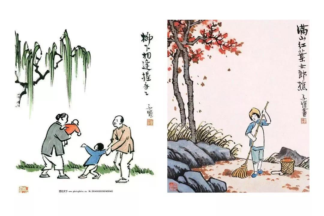 据了解图片的作者是丰子恺，以中西融合画法创作漫画以及散文而著名。根据甲方的要求
及其所给的草图部分来进行灵感创作。<br>前期通过找寻大量的丰子恺的作品，研究出人物形态以及插画的具体表现手法。