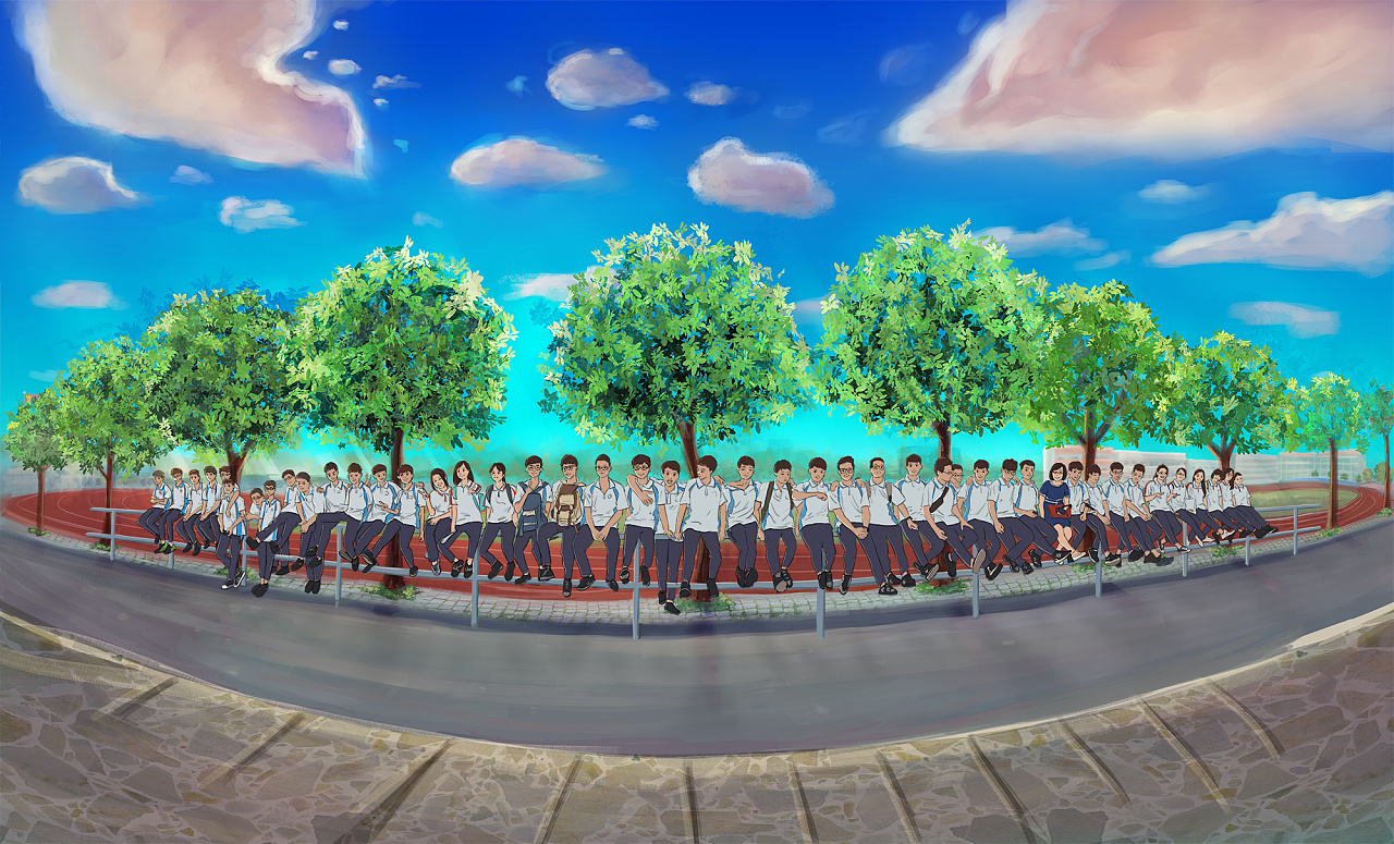 高中毕业快乐!班级合照插画