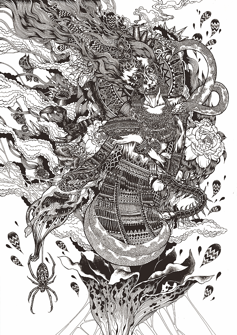 苗族《蛊娘》:取百虫入瓮中,经年开之,必有一虫尽食诸虫,即此名为蛊。苗族《蛊娘》,截取苗族华丽银饰与五毒,花草、虫茧、蝴蝶等元素描述幻想中的蛊师之神灵。