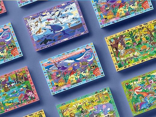 一组儿童动物寻找拼图插画
