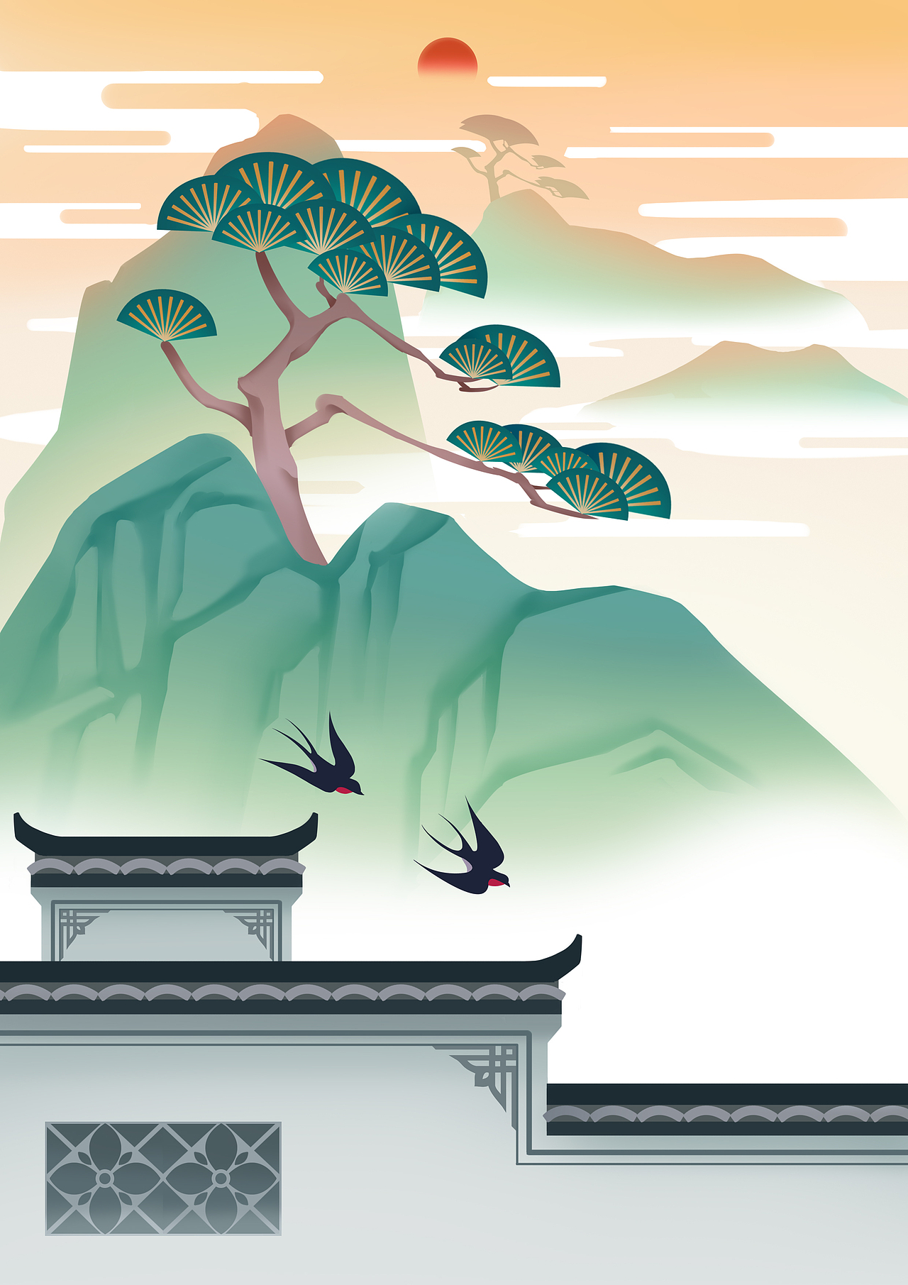 黄山,参考元素是迎客松,徽州古建筑(美术生必去的写正基地).