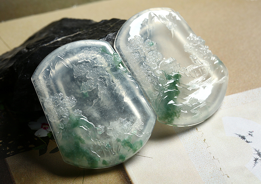 翡翠摄影——冰种飘花山水牌对牌