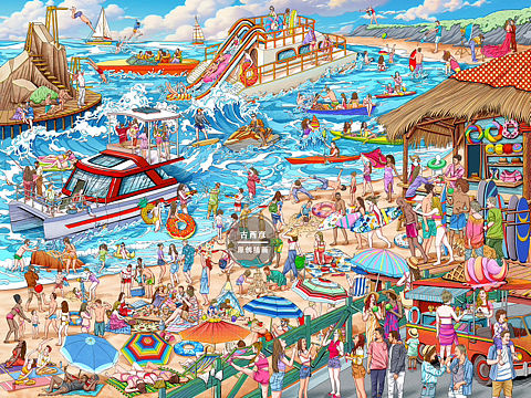 海边沙滩度假欧美拼图插画