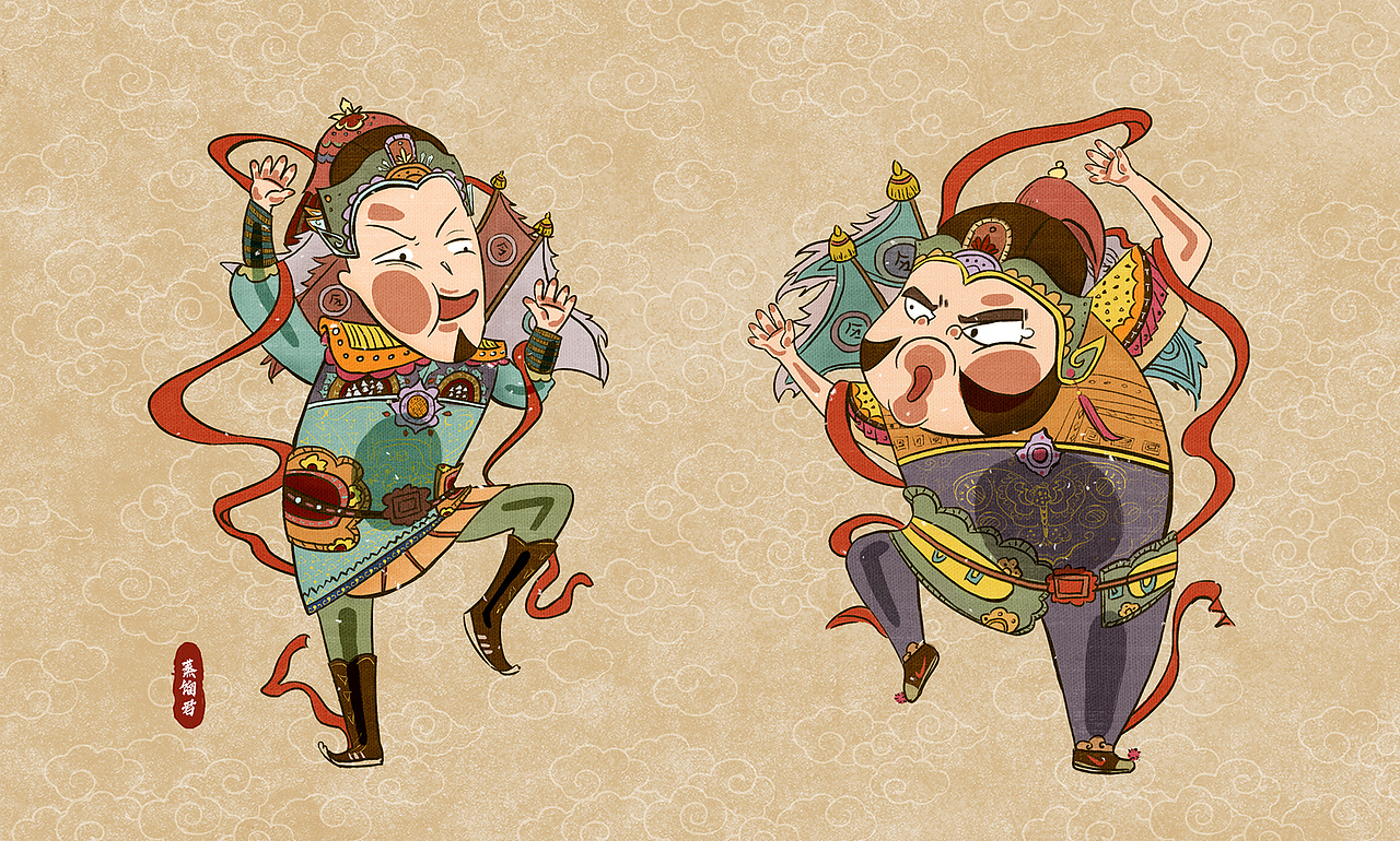 想画一对偏搞笑现代门神,用了贴在玻璃上的形式,放在门上就会感觉好像