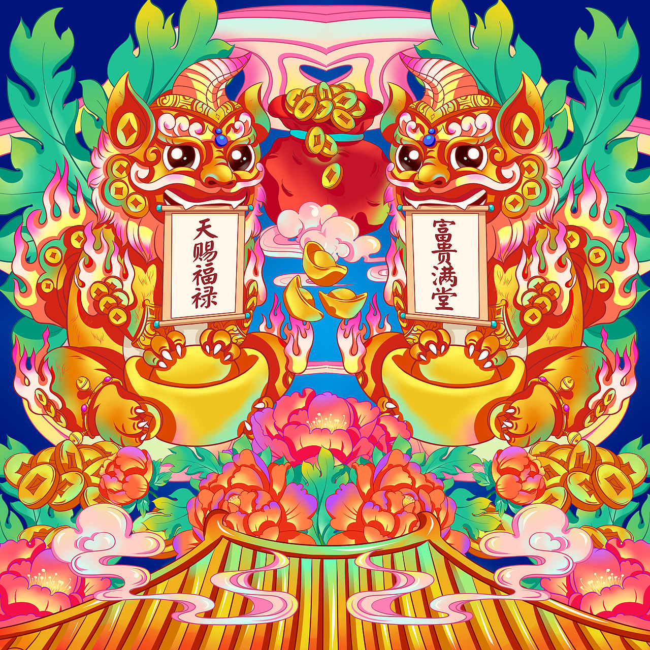 举报47分享原创作品插画商业插画中国风年画瑞兽貔貅传统福禄主题原创