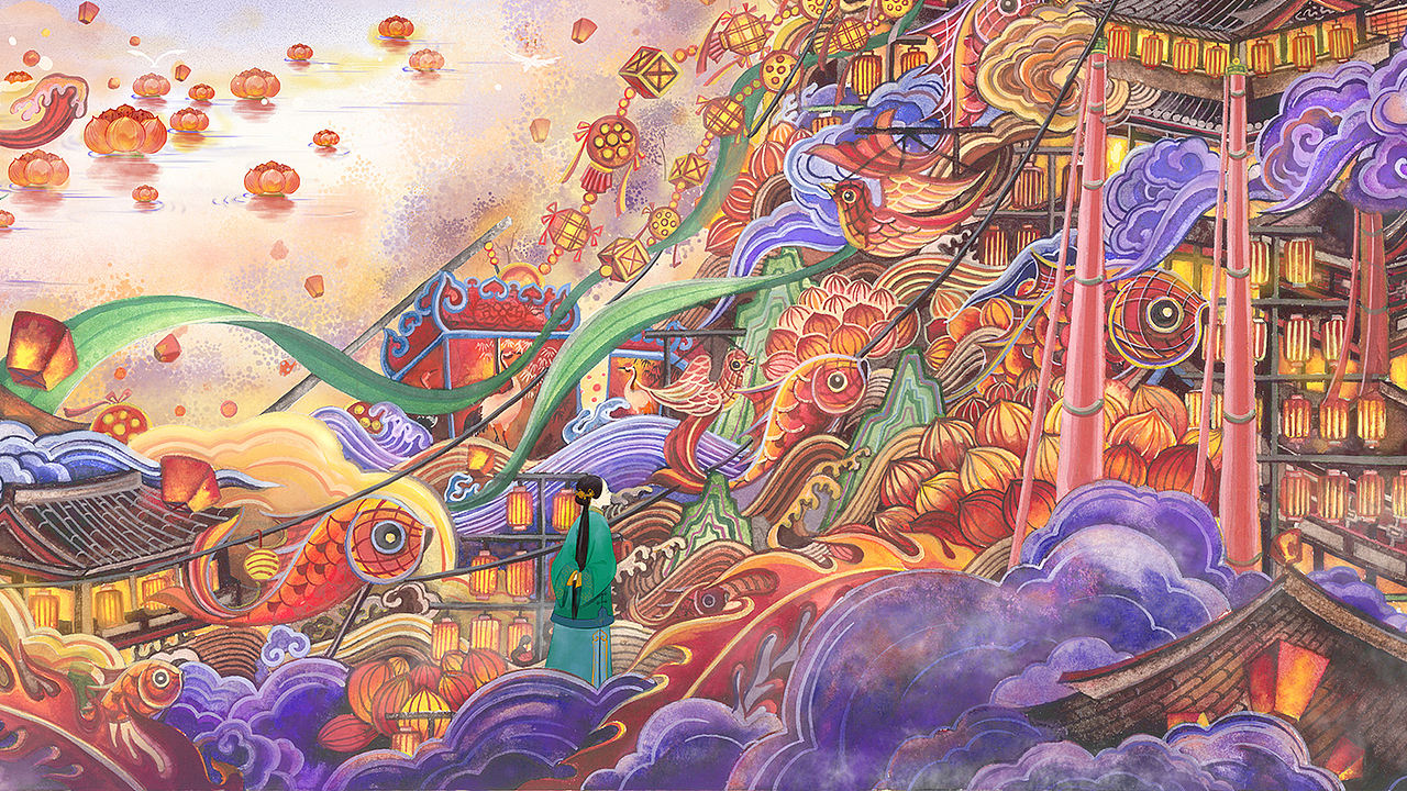 《江南灯彩图》书籍插画封面合作（图ZMjU4MDM2NTg4） - 商业插画 - 站酷设计师菡苕zyc原创素材 - 站酷ZCOOL
